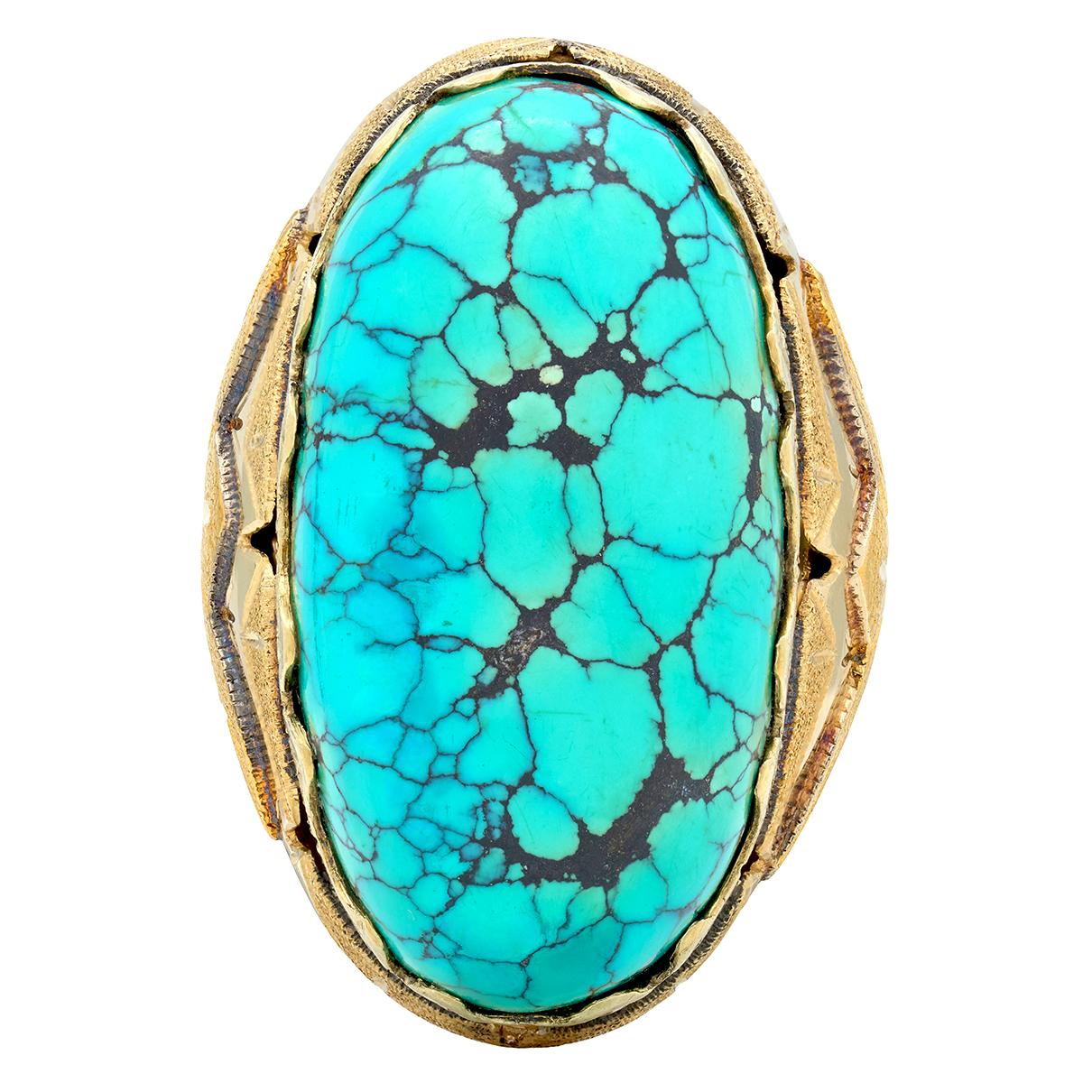 Retro Turquoise Cabochon 14 Karat Yellow Gold Vintage Statement Ring