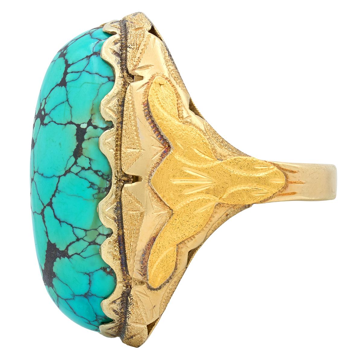 Retro Turquoise Cabochon 14 Karat Yellow Gold Vintage Statement Ring
