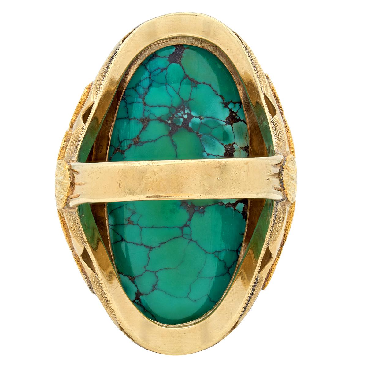 Retro Turquoise Cabochon 14 Karat Yellow Gold Vintage Statement Ring