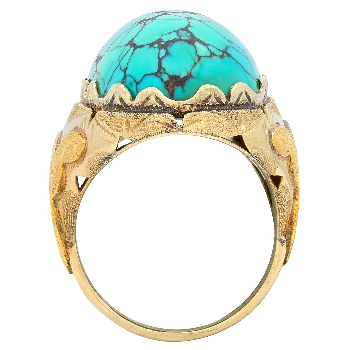 Retro Turquoise Cabochon 14 Karat Yellow Gold Vintage Statement Ring