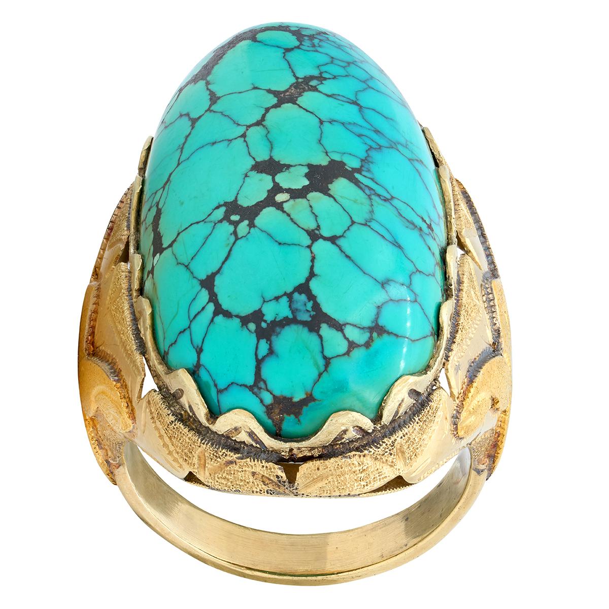 Retro Turquoise Cabochon 14 Karat Yellow Gold Vintage Statement Ring
