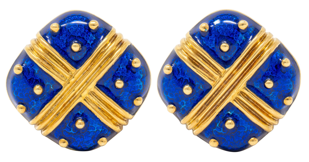 1980's Blue Enamel 18 Karat Yellow Gold Vintage Cushion Earrings