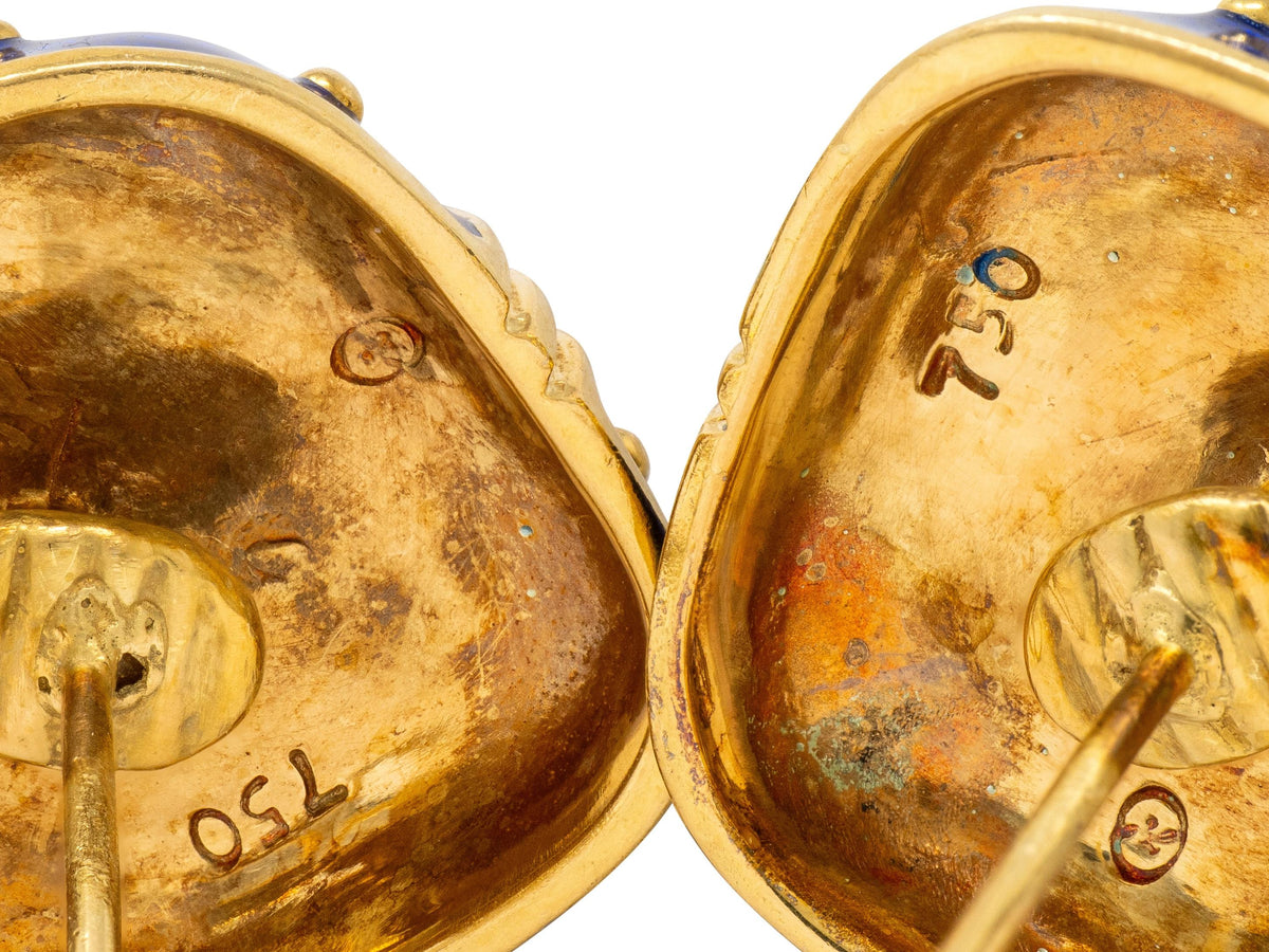 1980's Blue Enamel 18 Karat Yellow Gold Vintage Cushion Earrings