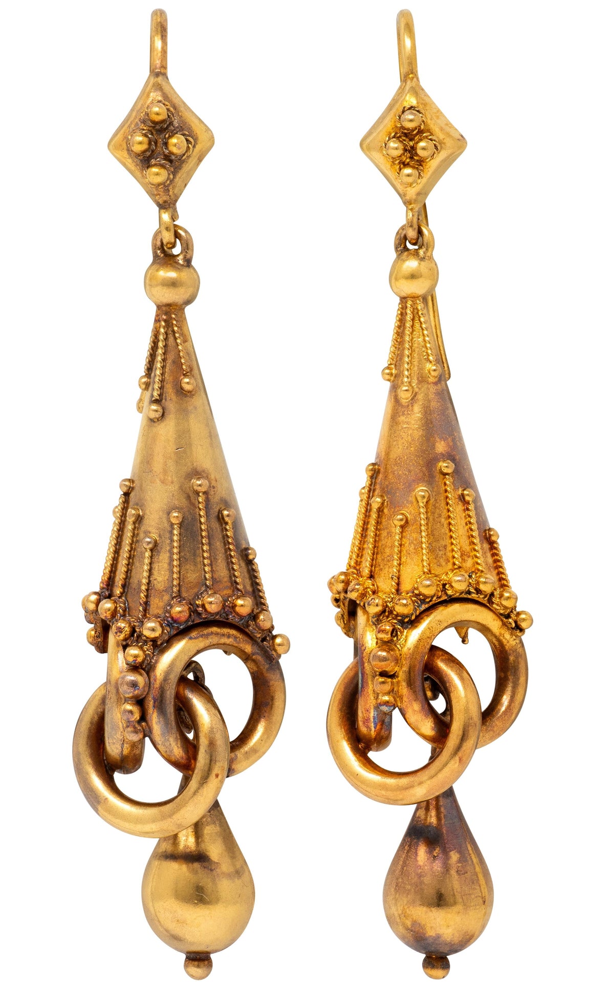 Victorian 18 Karat Yellow Gold Antique Etruscan Revival Drop Earrings
