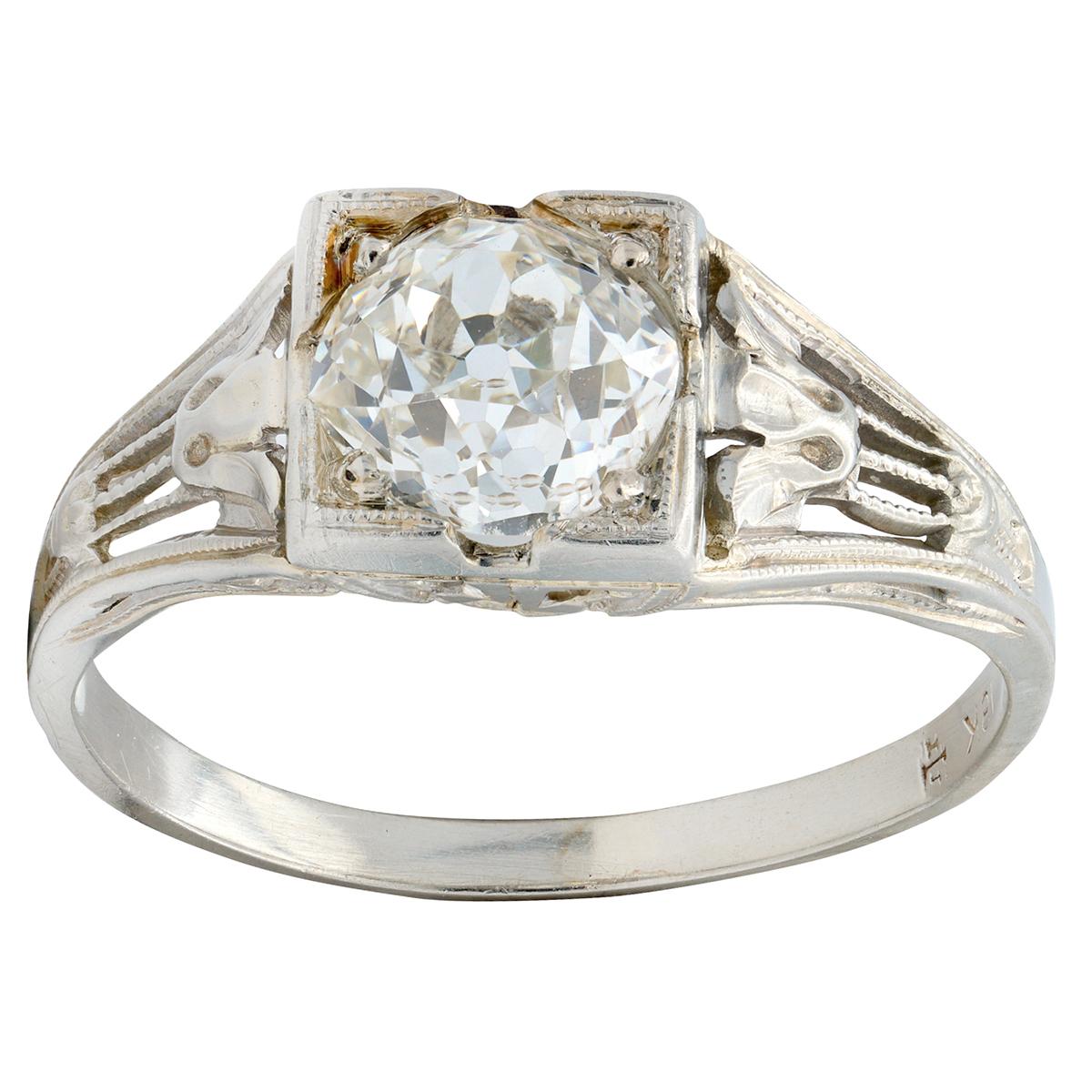 Art Deco Old Mine Diamond 18 Karat White Gold Antique Lotus Engagement Ring GIA