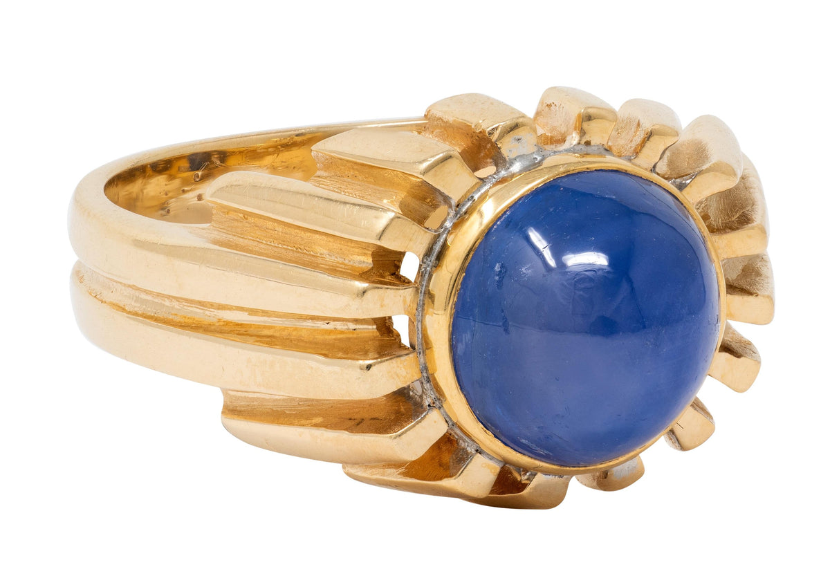 1980's 6.55 Carat Blue Sapphire 14 Karat Yellow Gold Vintage Grooved Unisex Ring