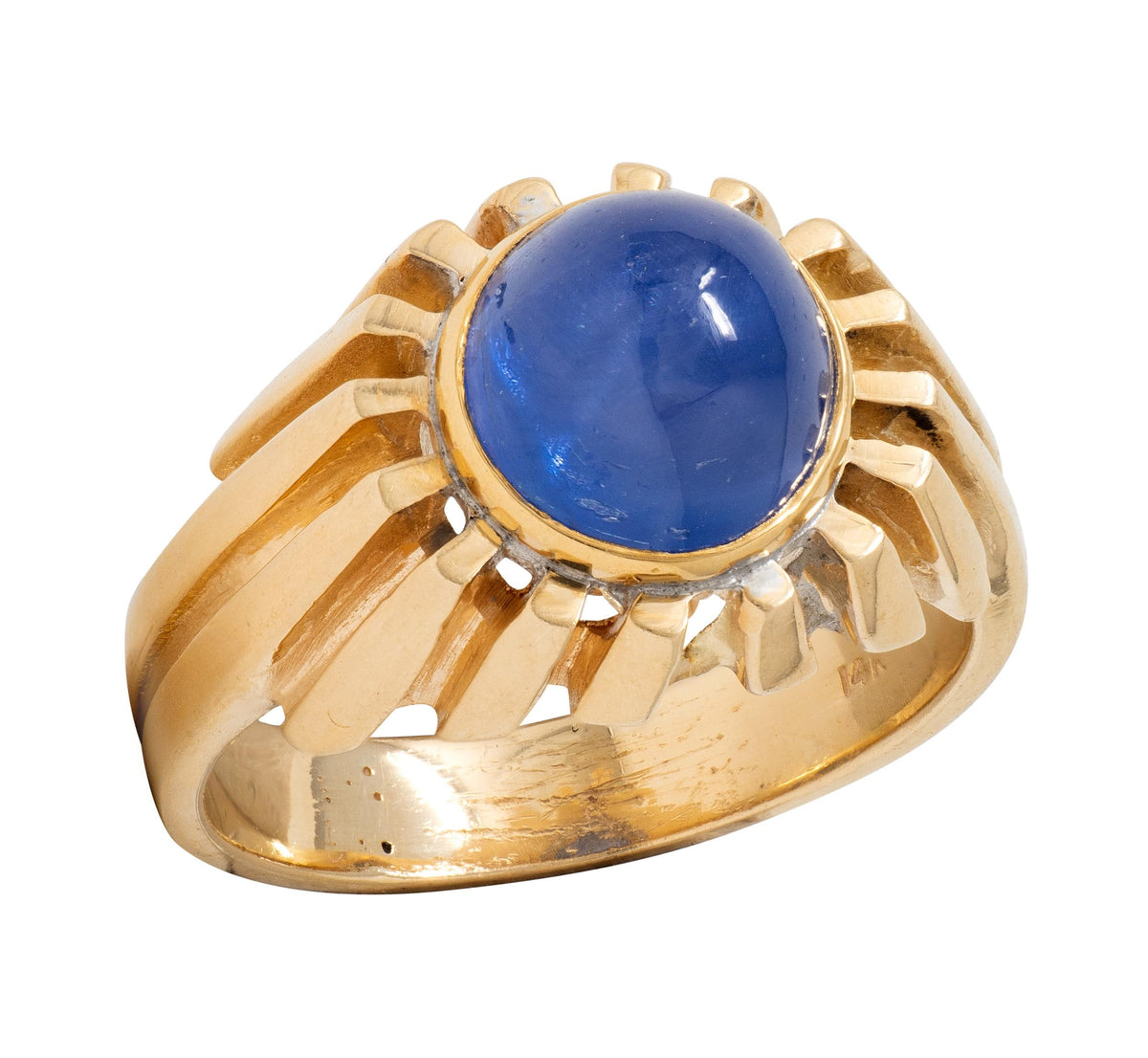 1980's 6.55 Carat Blue Sapphire 14 Karat Yellow Gold Vintage Grooved Unisex Ring