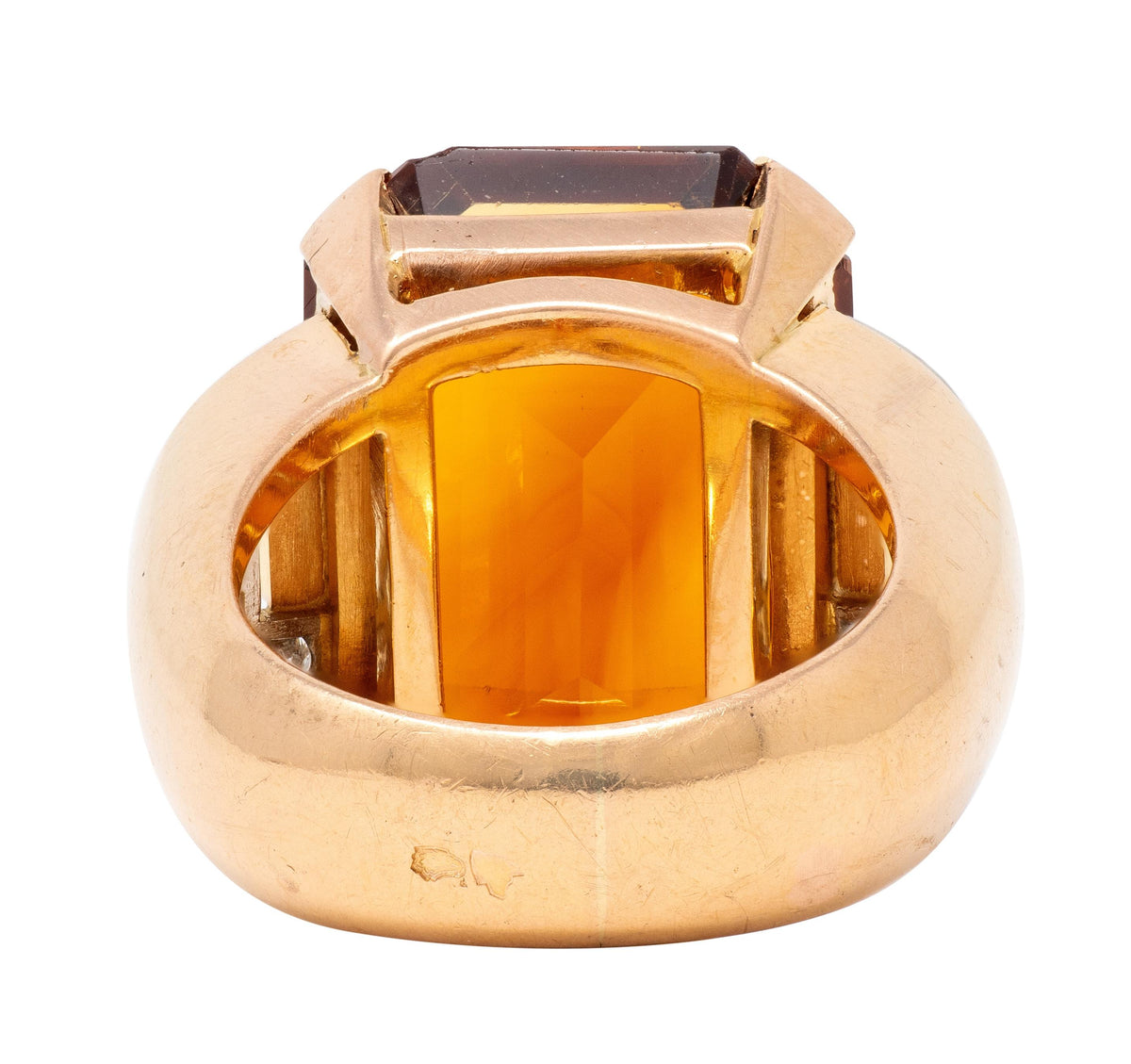 French 1939 Citrine Diamond 18 Karat Rose Gold Platinum Vintage Cocktail Ring