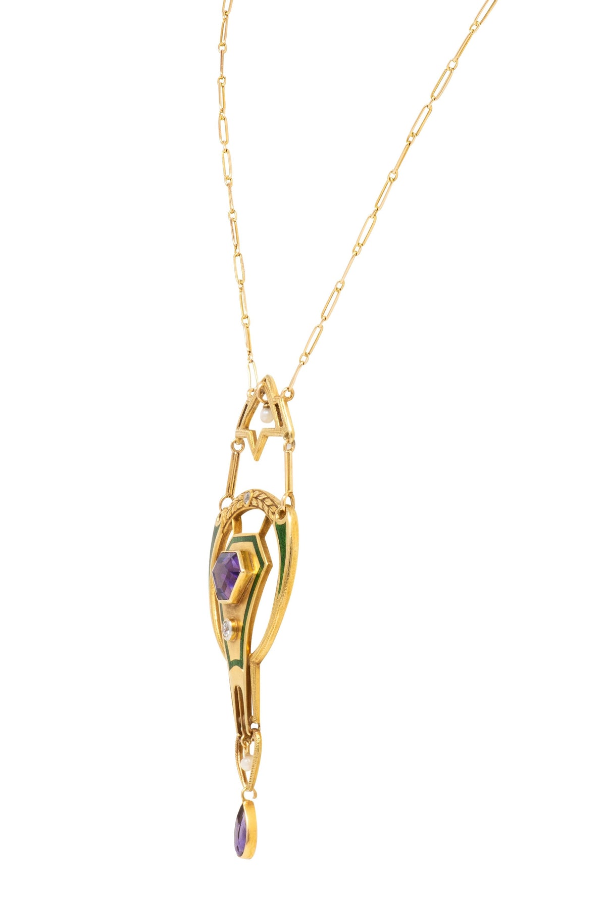 Art Nouveau Amethyst Diamond Pearl Enamel 14K Gold Antique Suffragette Necklace