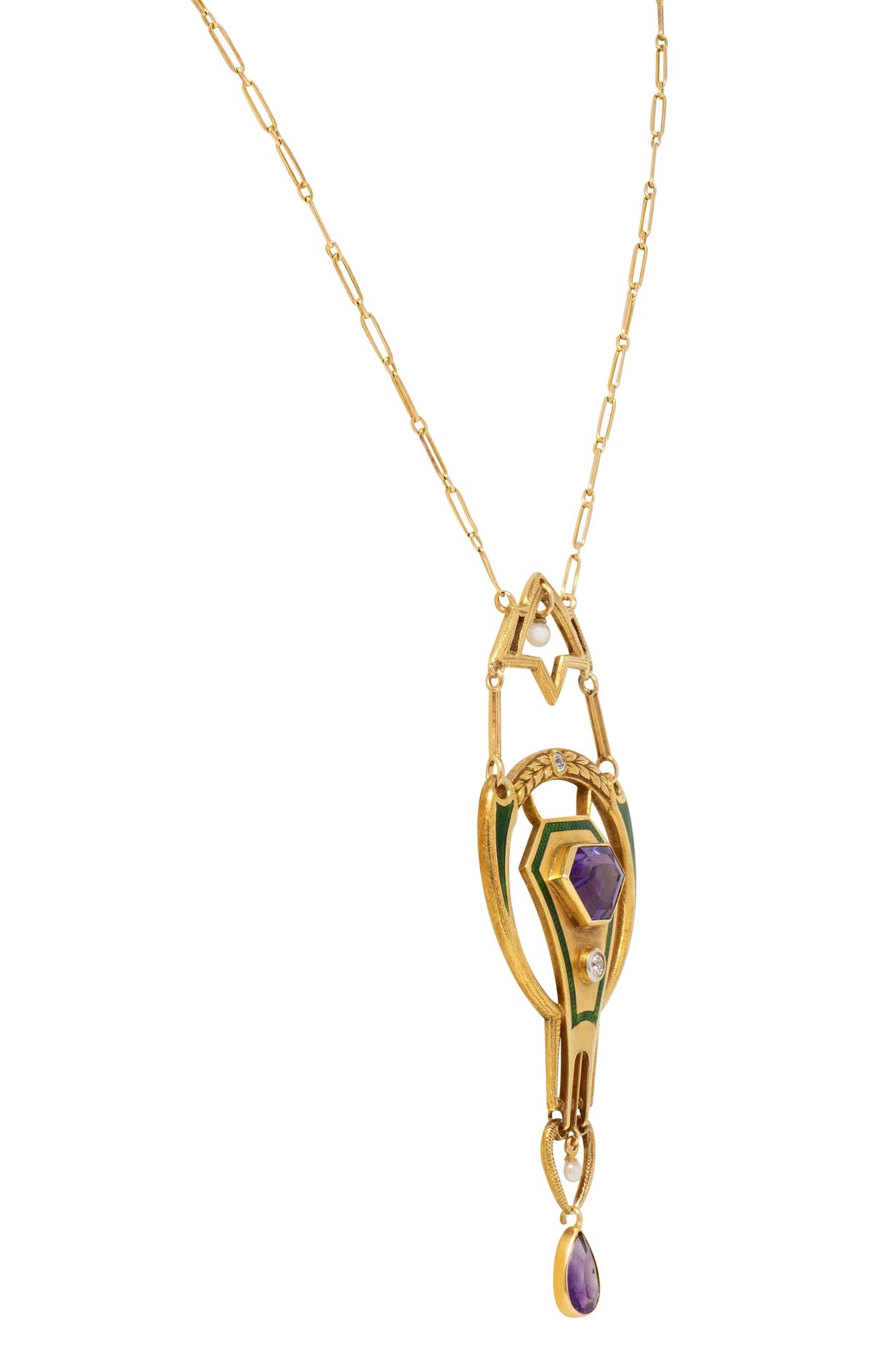 Art Nouveau Amethyst Diamond Pearl Enamel 14K Gold Antique Suffragette Necklace