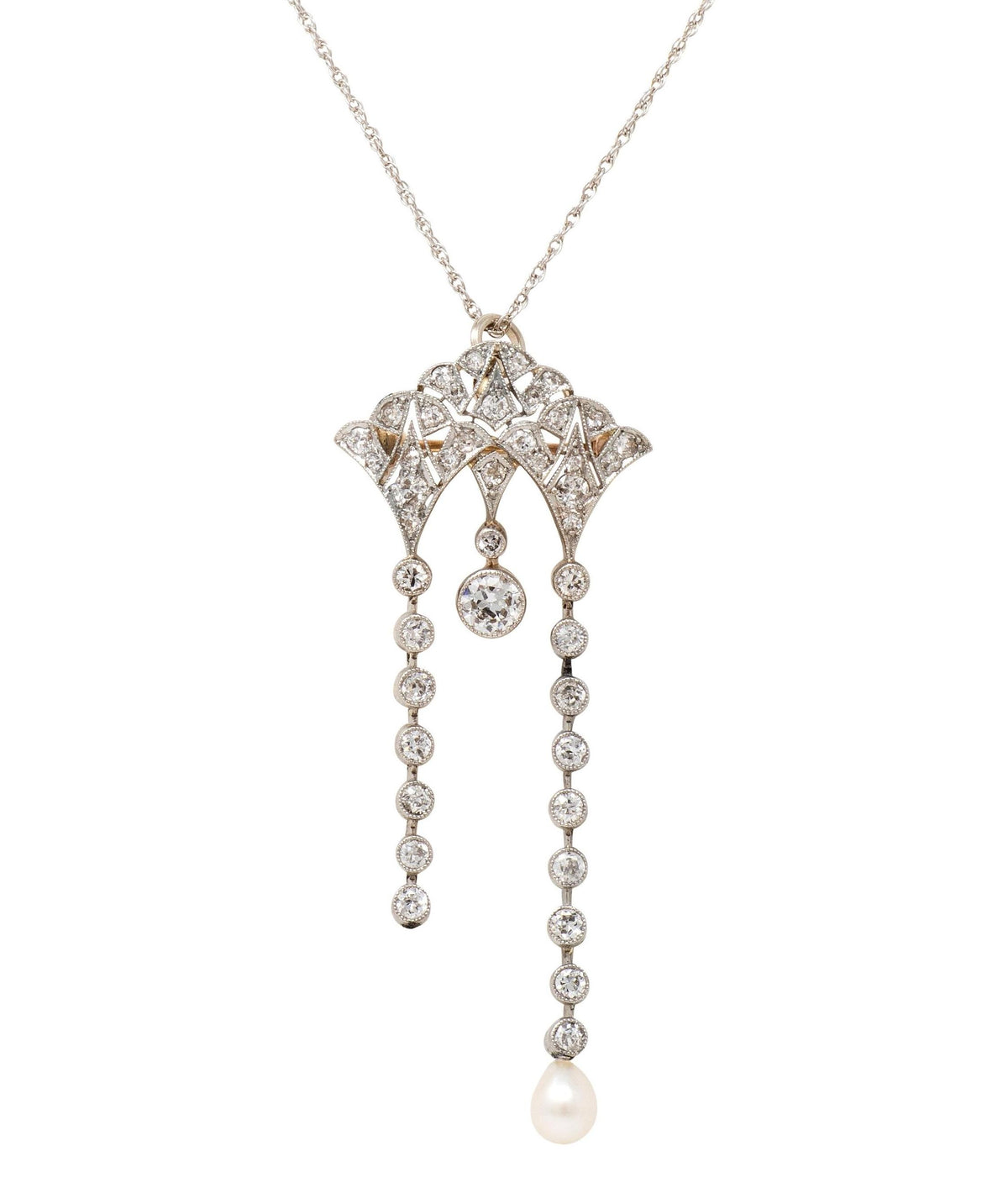 Edwardian Diamond Pearl 14K Gold Platinum Antique Fan Brooch Pendant Necklace