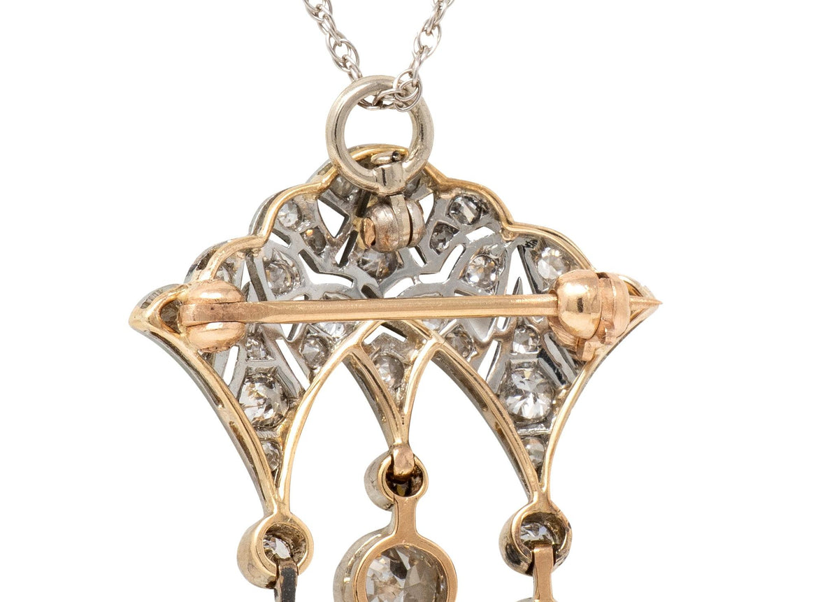 Edwardian Diamond Pearl 14K Gold Platinum Antique Fan Brooch Pendant Necklace