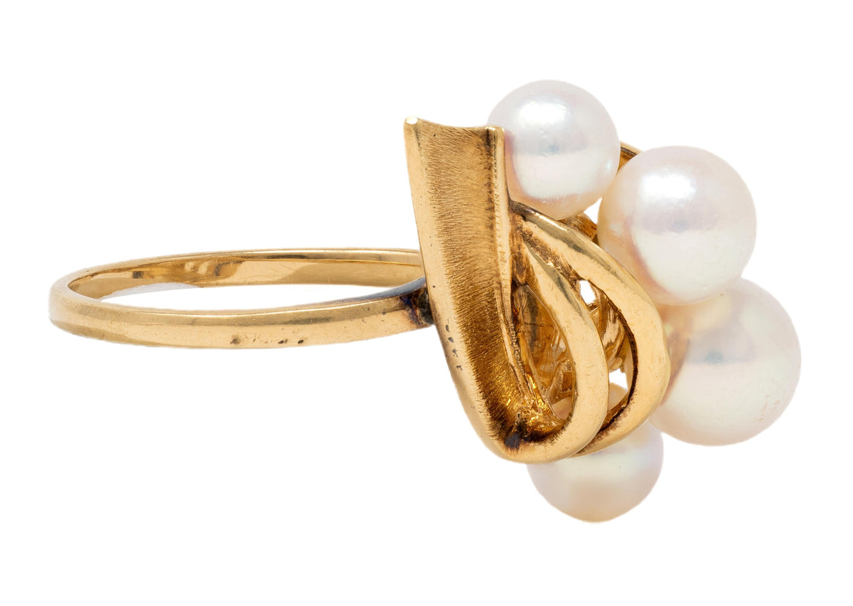 Mikimoto Retro Pearl 14 Karat Yellow Gold Vintage Modernist Ribbon Ring