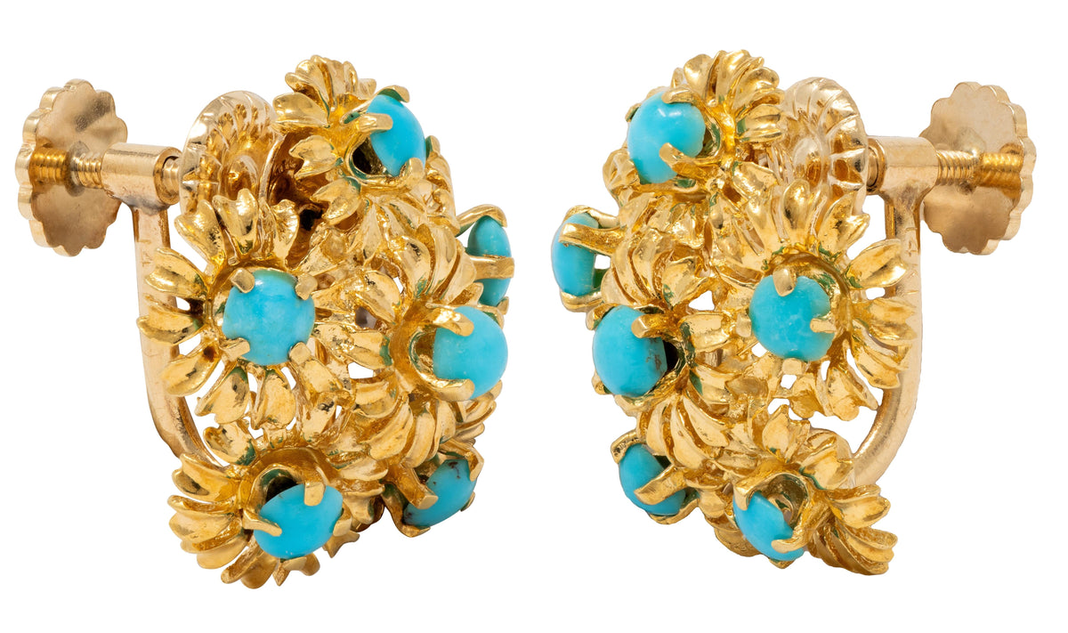 Tiffany & Co. 1960 Turquoise 18K Gold Vintage Flower Cluster Screw-Back Earrings