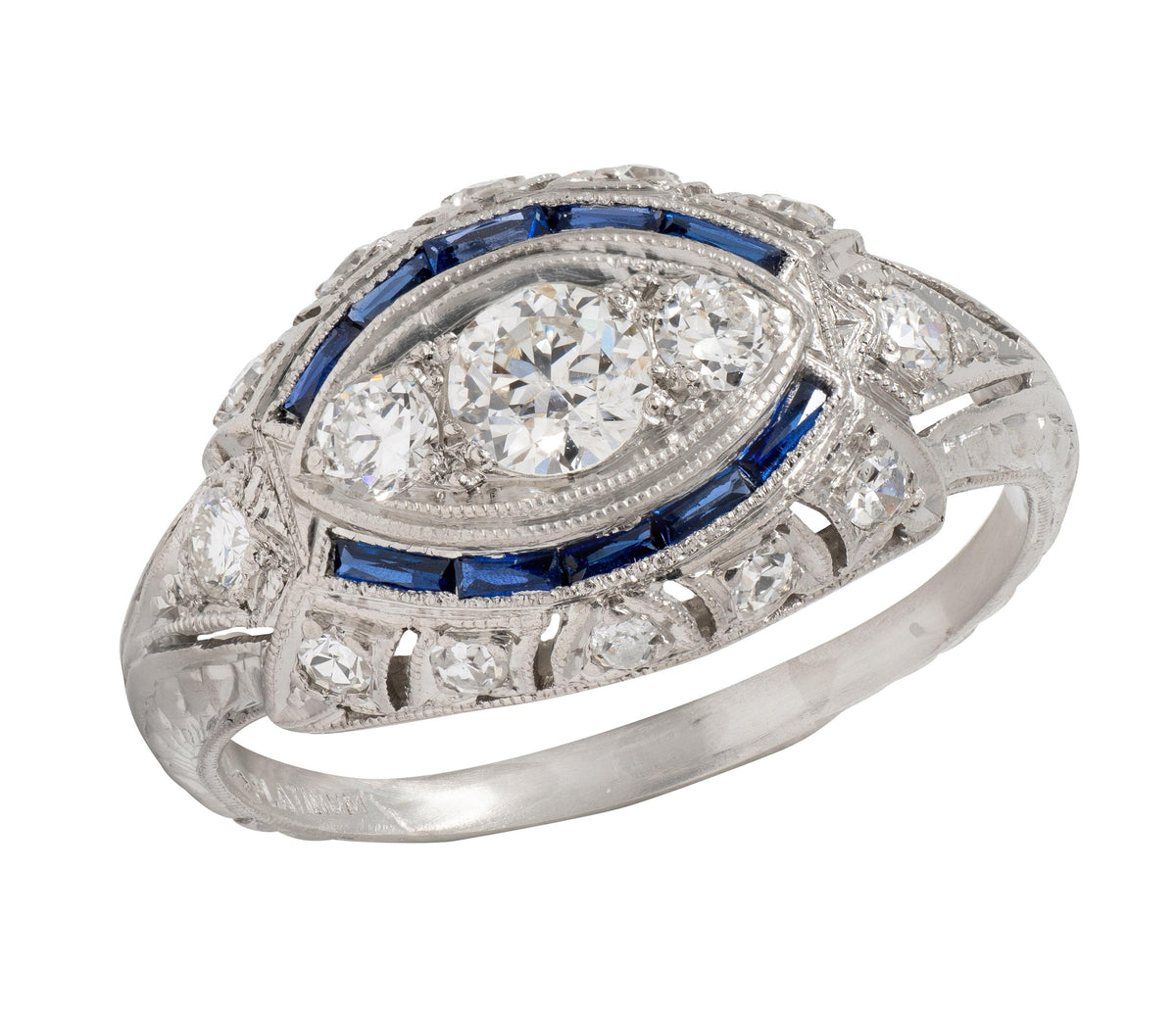Katz Ogush Art Deco European Diamond Platinum Vintage Foliate Bombé Dinner Ring