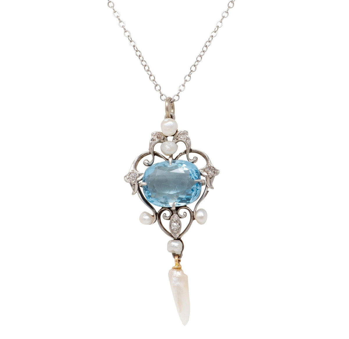 Art Nouveau Aquamarine Diamond Pearl 14K Gold Platinum Antique Heart Necklace