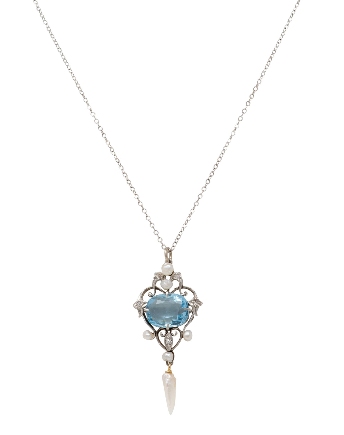 Art Nouveau Aquamarine Diamond Pearl 14K Gold Platinum Antique Heart Necklace
