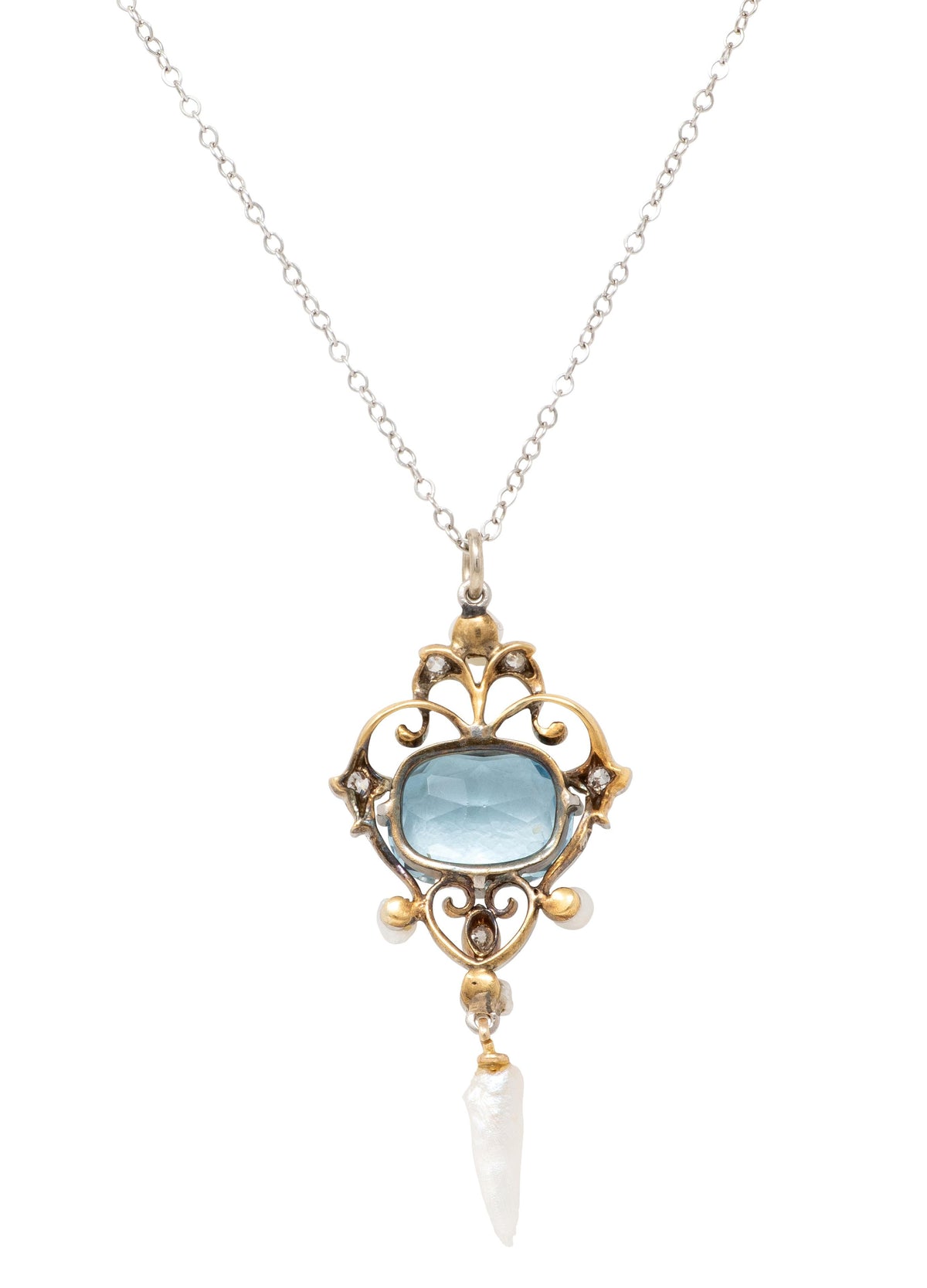 Art Nouveau Aquamarine Diamond Pearl 14K Gold Platinum Antique Heart Necklace