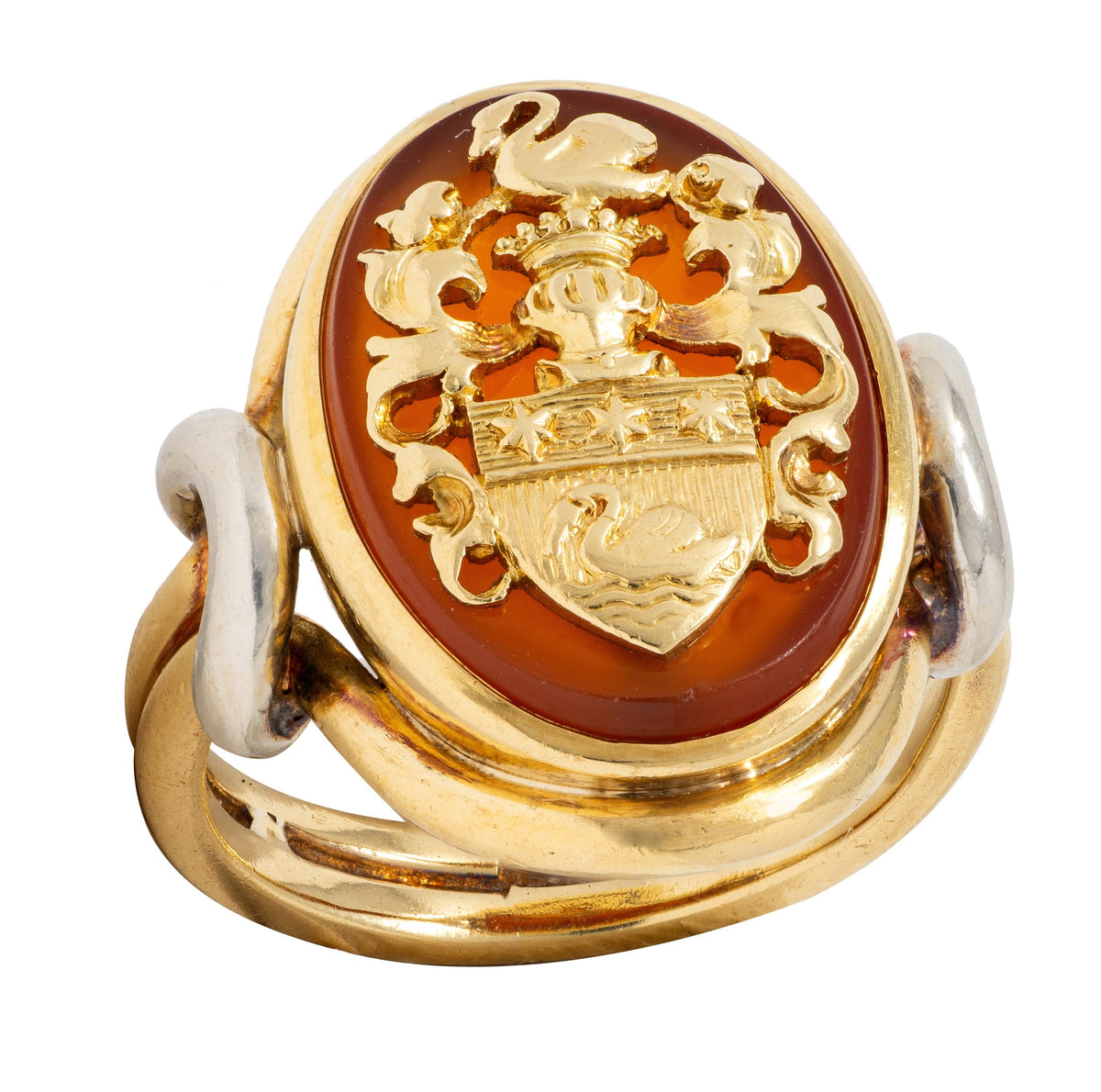 Edwardian Carnelian 18 Karat Two-Tone Gold Antique Heraldic Crest Signet Ring