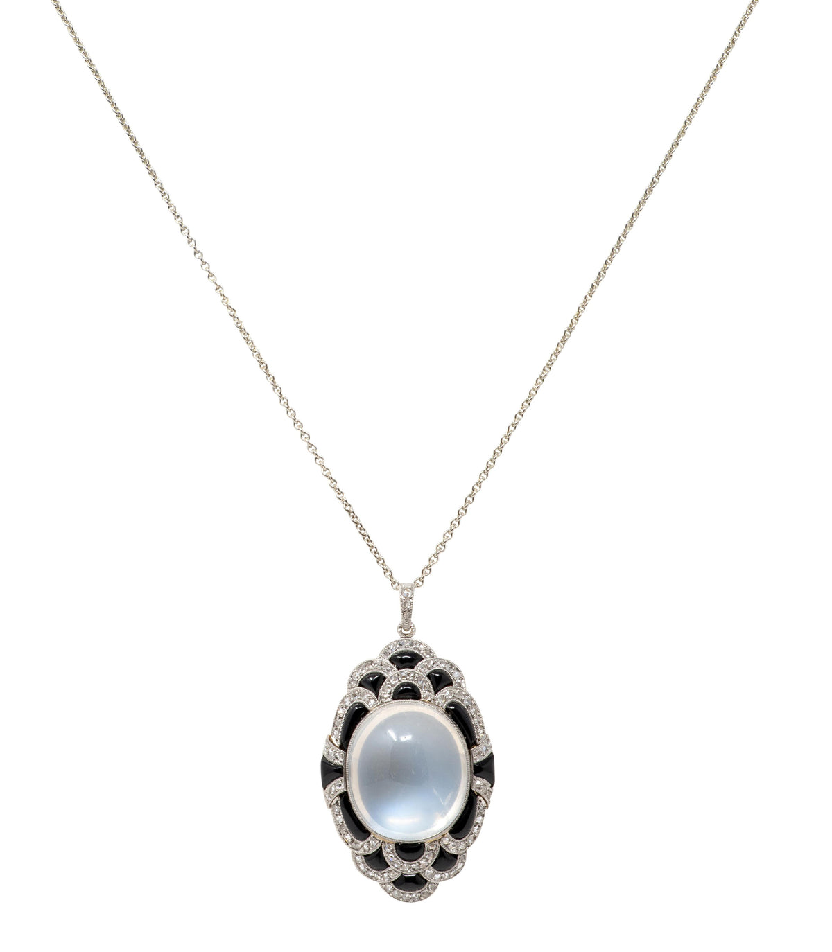 Art Deco Moonstone Diamond Onyx 14K Gold Platinum Vintage Pendant Necklace