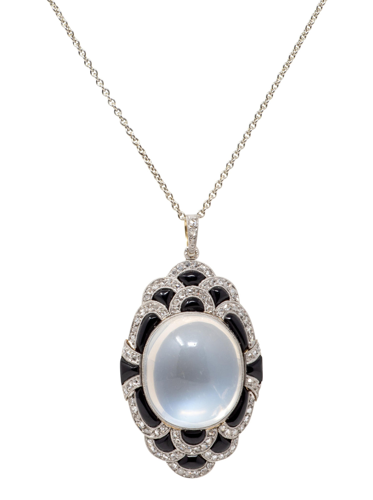 Art Deco Moonstone Diamond Onyx 14K Gold Platinum Vintage Pendant Necklace