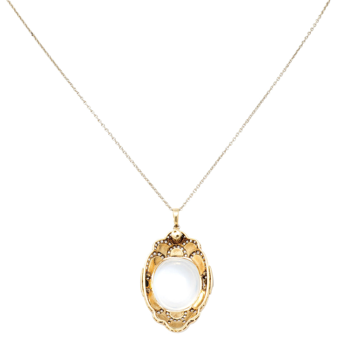 Art Deco Moonstone Diamond Onyx 14K Gold Platinum Vintage Pendant Necklace