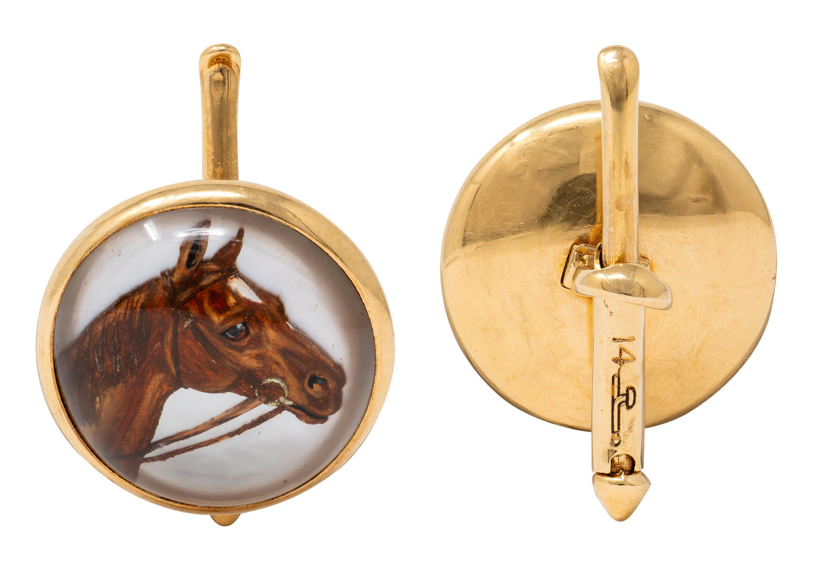 Larter & Sons Edwardian Rock Crystal 14K Gold Antique Hunting Cufflink Dress Set
