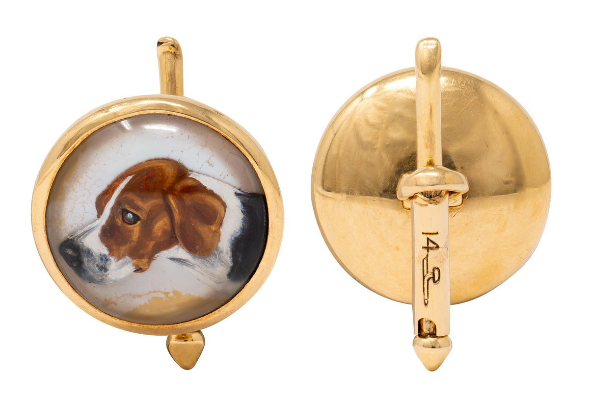 Larter & Sons Edwardian Rock Crystal 14K Gold Antique Hunting Cufflink Dress Set