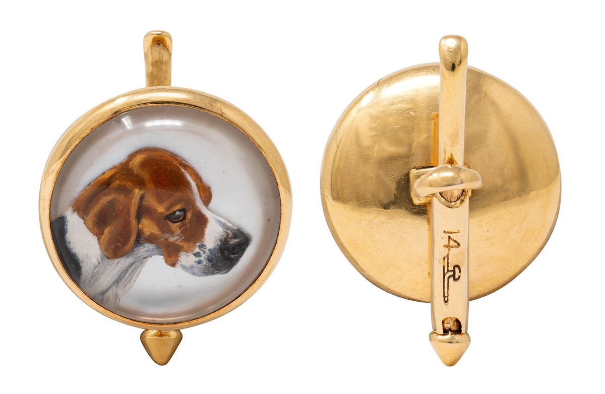 Larter & Sons Edwardian Rock Crystal 14K Gold Antique Hunting Cufflink Dress Set
