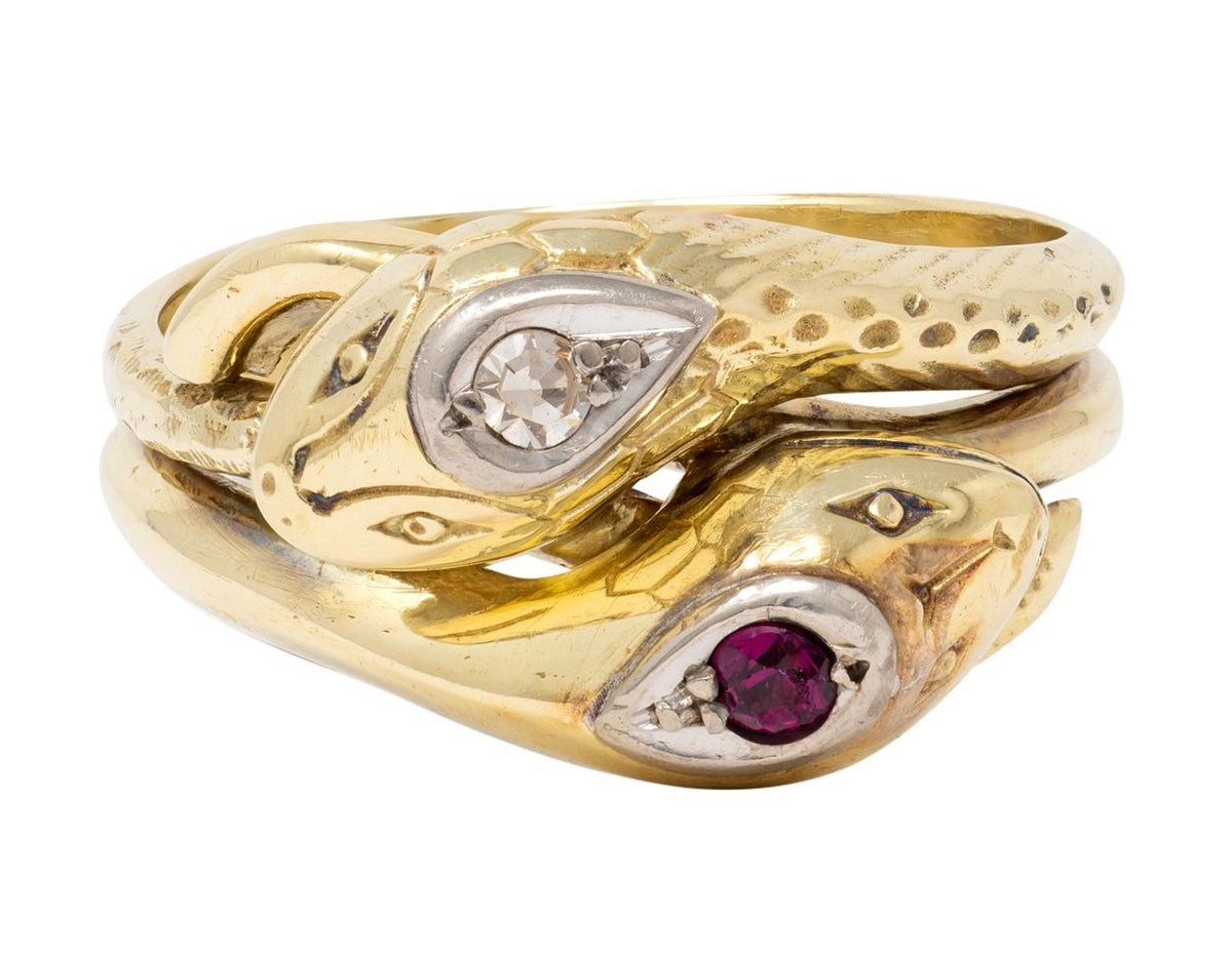 Vintage Ruby Diamond 14 Karat Two-Tone Gold Lovers Knot Unisex Snake Band Ring