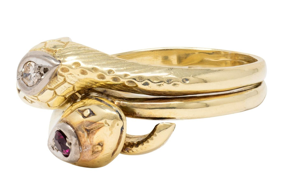 Vintage Ruby Diamond 14 Karat Two-Tone Gold Lovers Knot Unisex Snake Band Ring