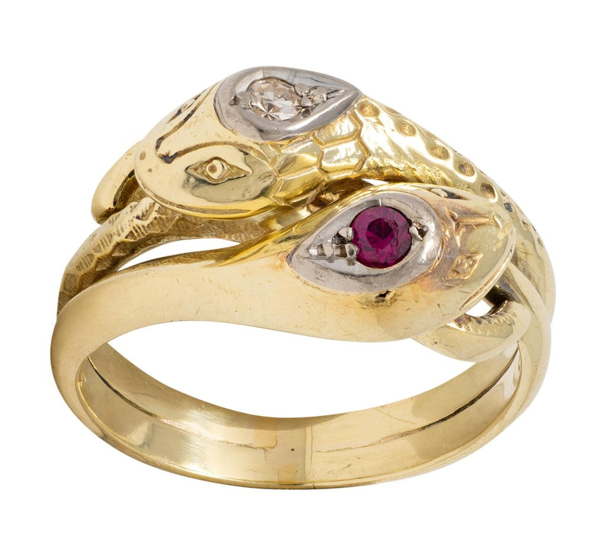 Vintage Ruby Diamond 14 Karat Two-Tone Gold Lovers Knot Unisex Snake Band Ring