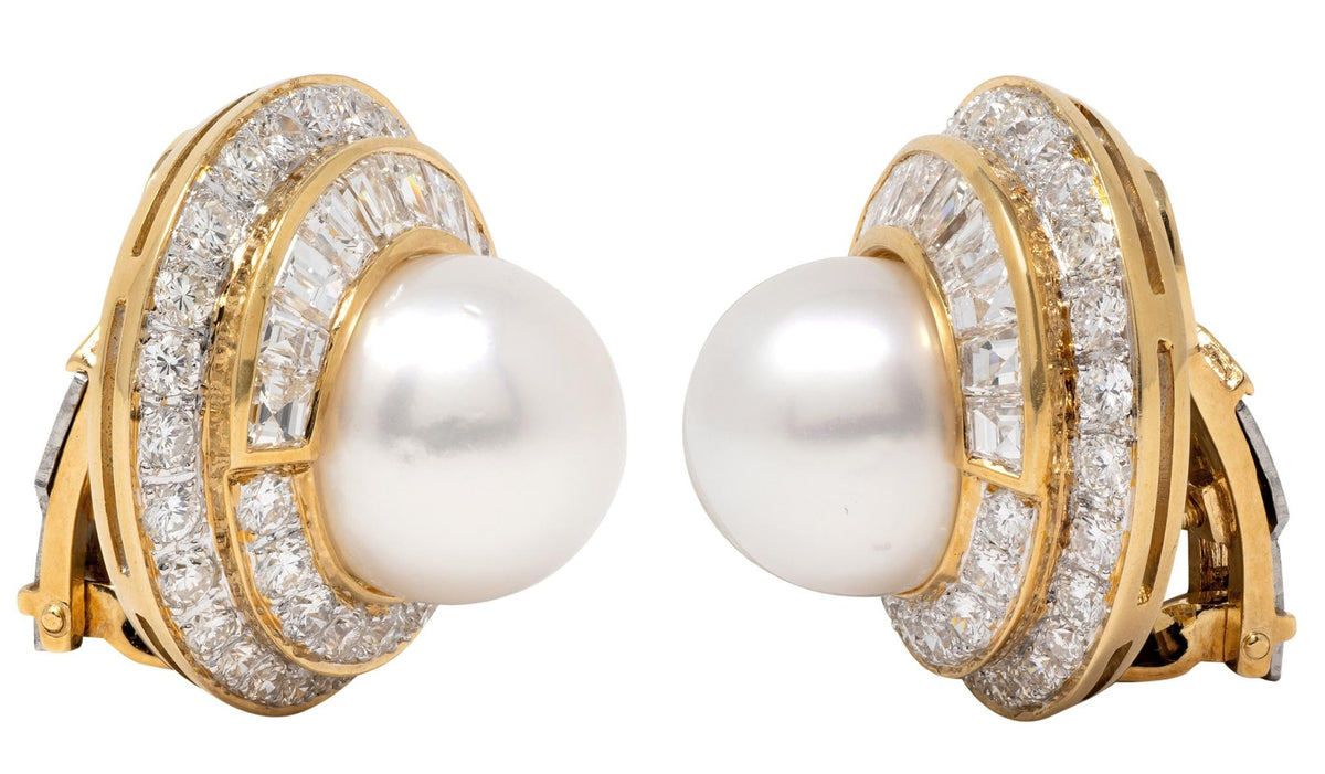 South Sea Pearl Diamond 18 Karat Yellow Gold Contemporary Ear-Clip Earrings