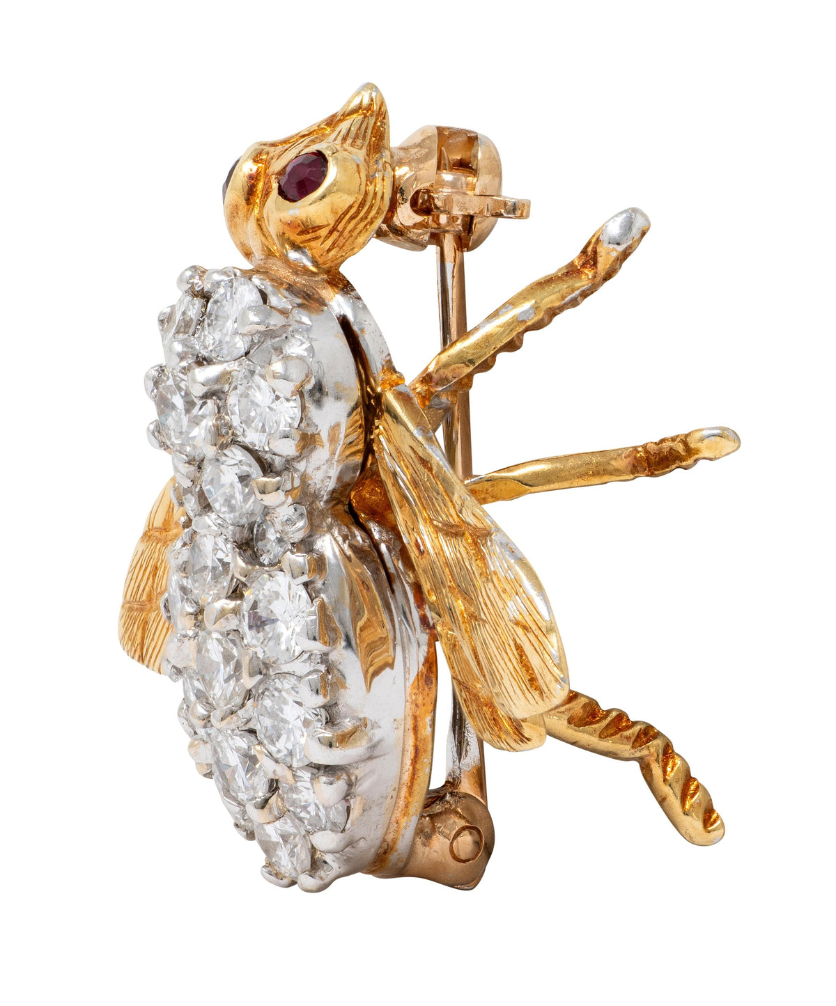 2000's 1.30 CTW Diamond Ruby 18 Karat Yellow Gold Contemporary Bee Brooch