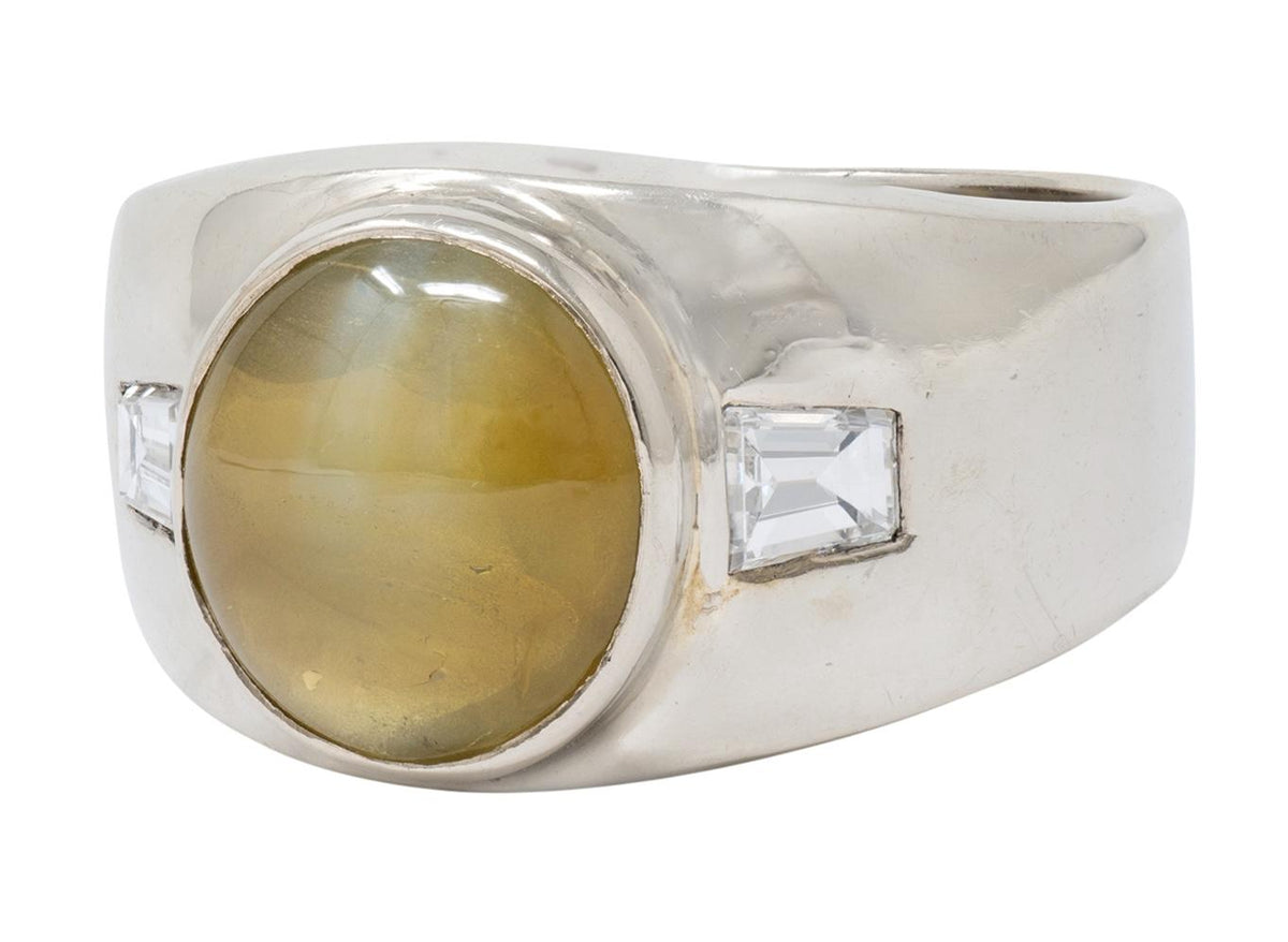 1960's Cat's Eye Chrysoberyl Diamond 14 Karat White Gold Three Unisex Stone Ring
