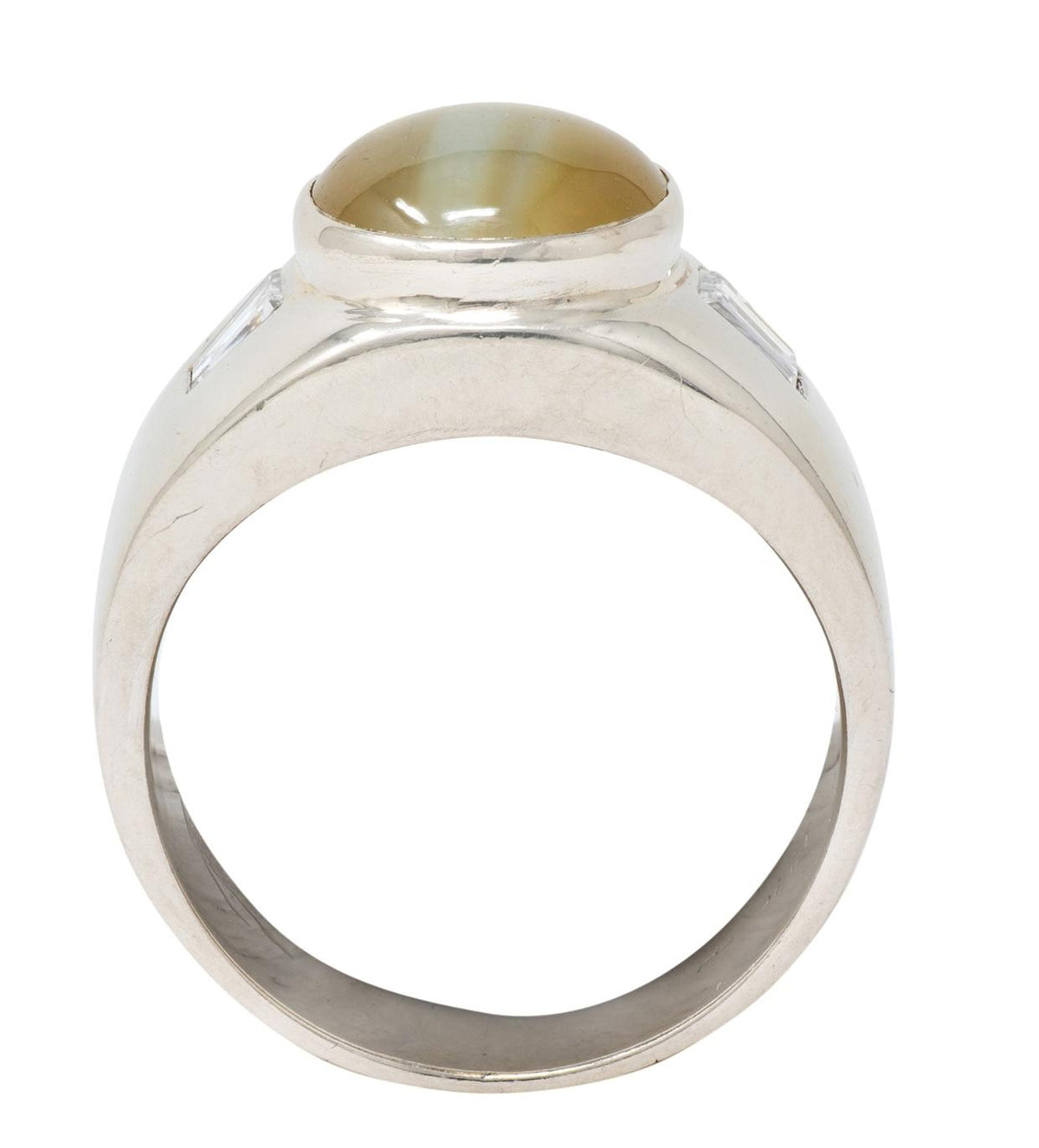1960's Cat's Eye Chrysoberyl Diamond 14 Karat White Gold Three Unisex Stone Ring