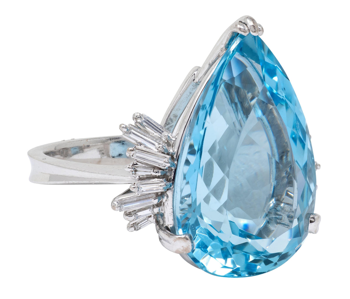 Mid-Century Diamond Aquamarine 18 Karat White Gold Vintage Spray Cocktail Ring