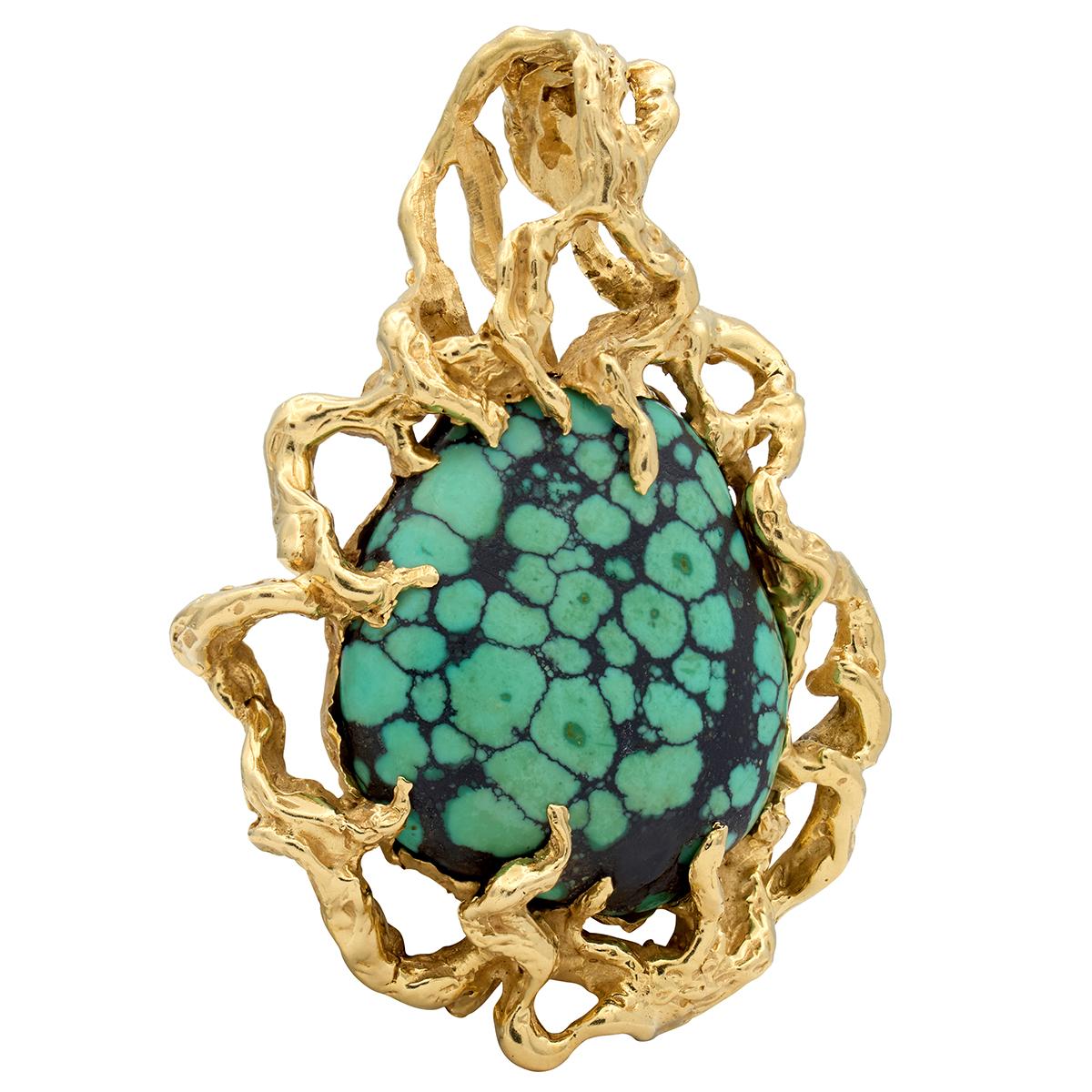 Arthur King 1970's Turquoise 18 Karat Yellow Gold Vintage Brutalist Pendant