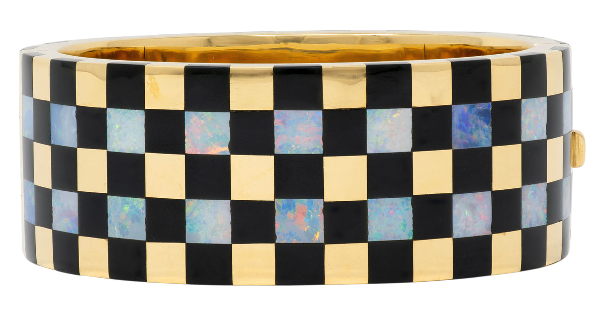 Tiffany & Co. 1980's Opal Onyx 18K Gold Vintage Wide Checkerboard Bracelet