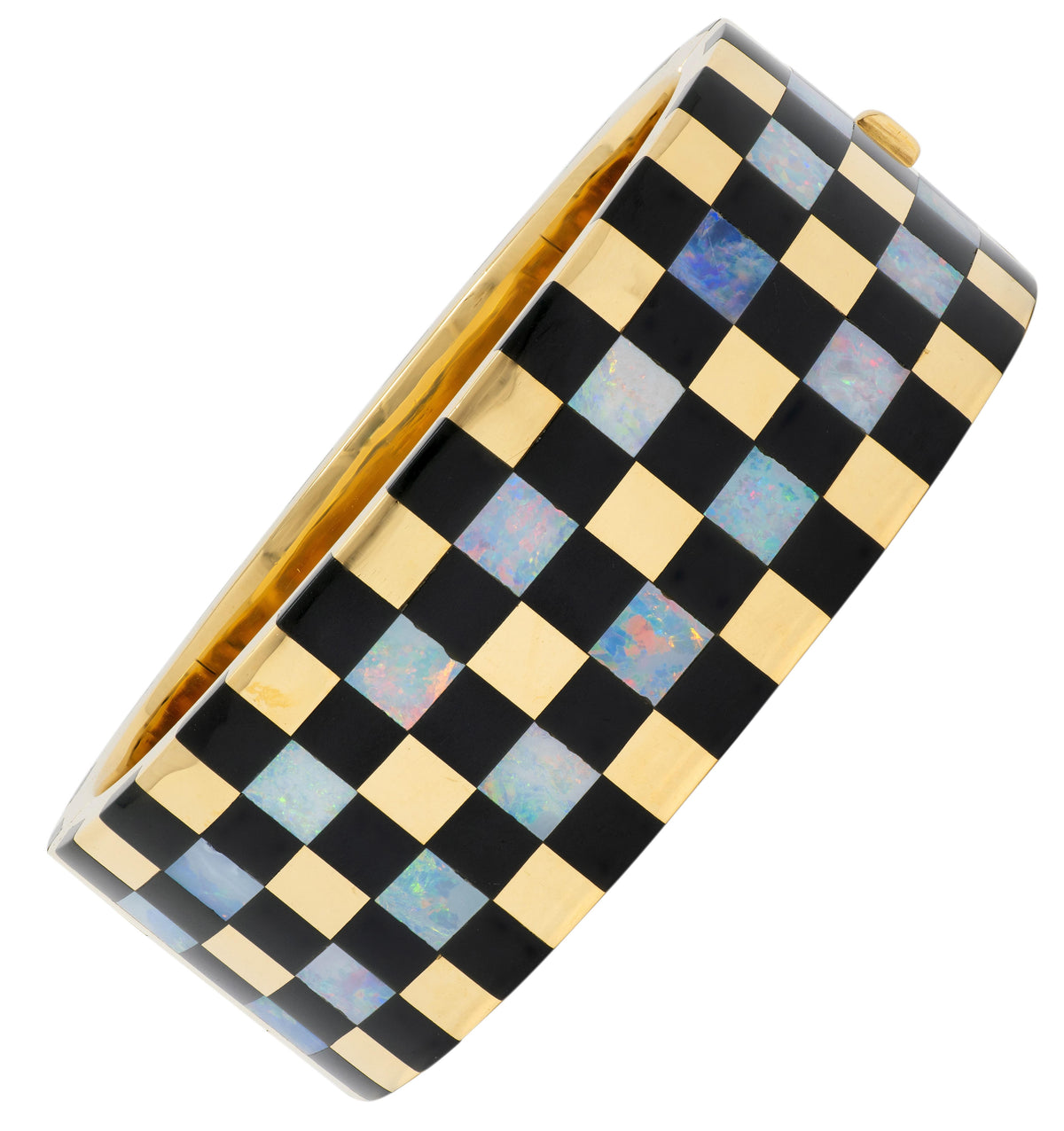 Tiffany & Co. 1980's Opal Onyx 18K Gold Vintage Wide Checkerboard Bracelet