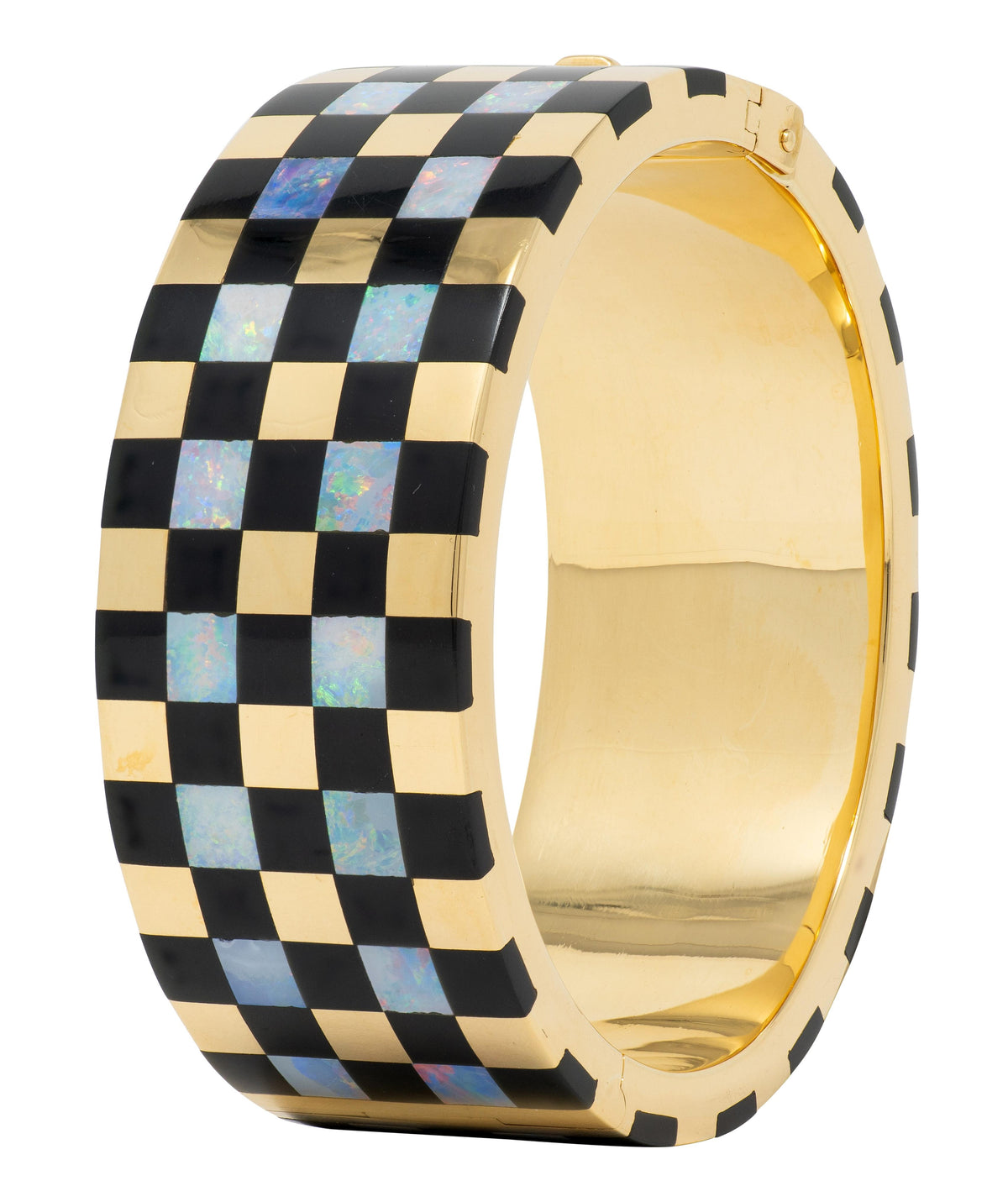 Tiffany & Co. 1980's Opal Onyx 18K Gold Vintage Wide Checkerboard Bracelet