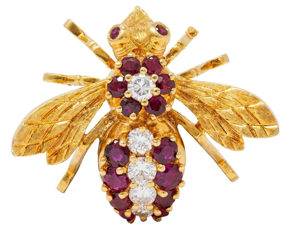 Herbert Rosenthal 1960s Ruby Diamond 18 Karat Yellow Gold Vintage Bee Bug Brooch