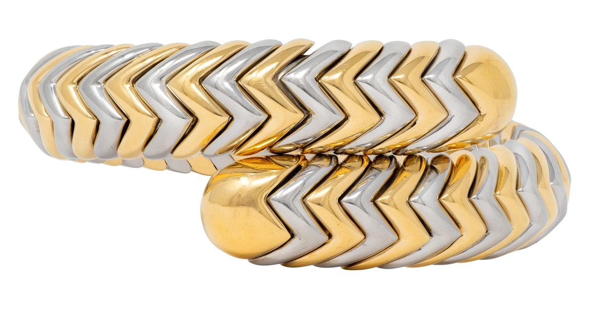 Bulgari 18K Yellow Gold Stainless Steel Spiga Chevron Vintage Bangle Bracelet