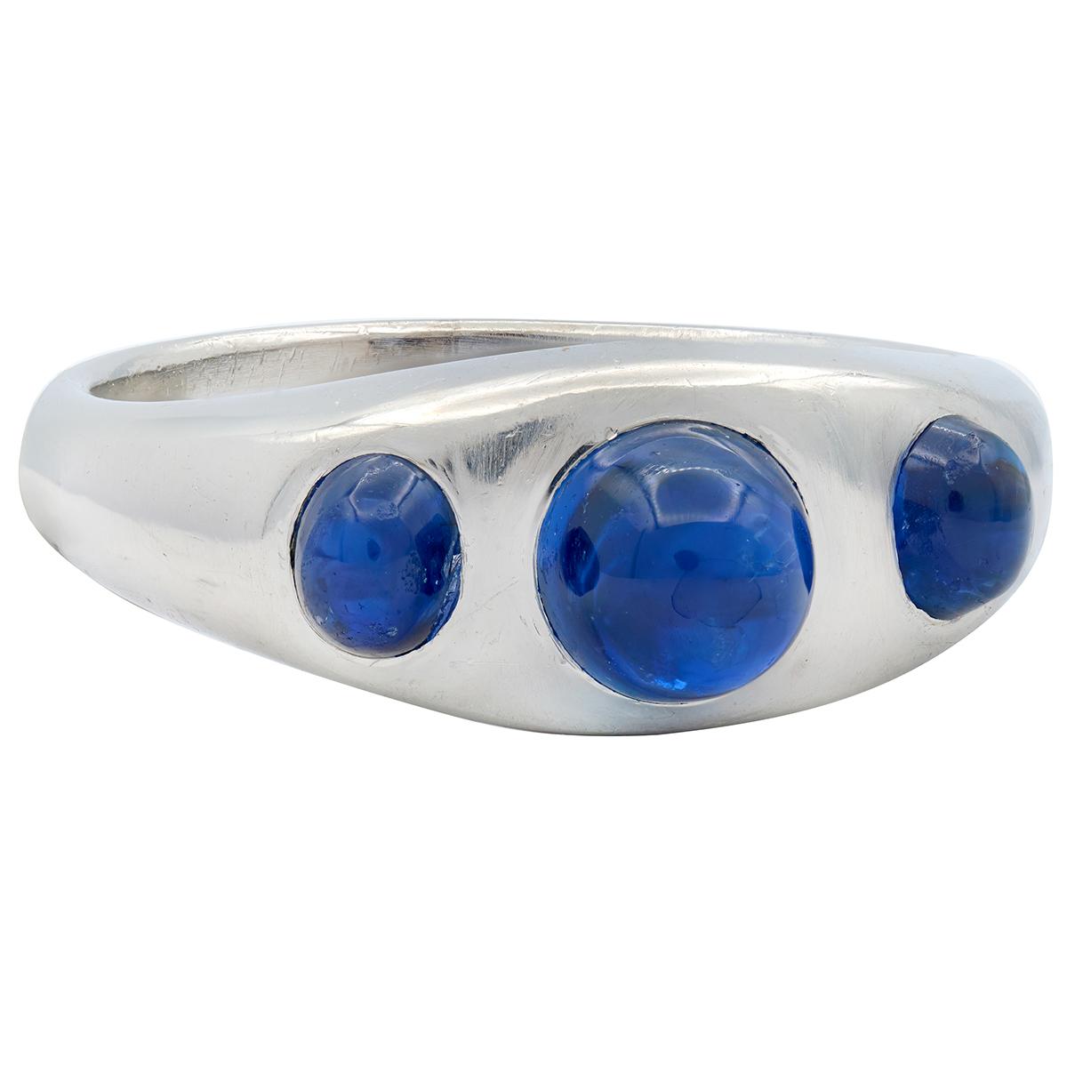 Art Deco 1.66 CTW Sapphire Cabochon Platinum Vintage Three Stone Ring