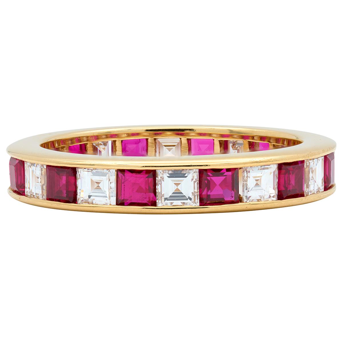 Contemporary 2.64 CTW Diamond Ruby 18 Karat Yellow Gold Channel Band Ring