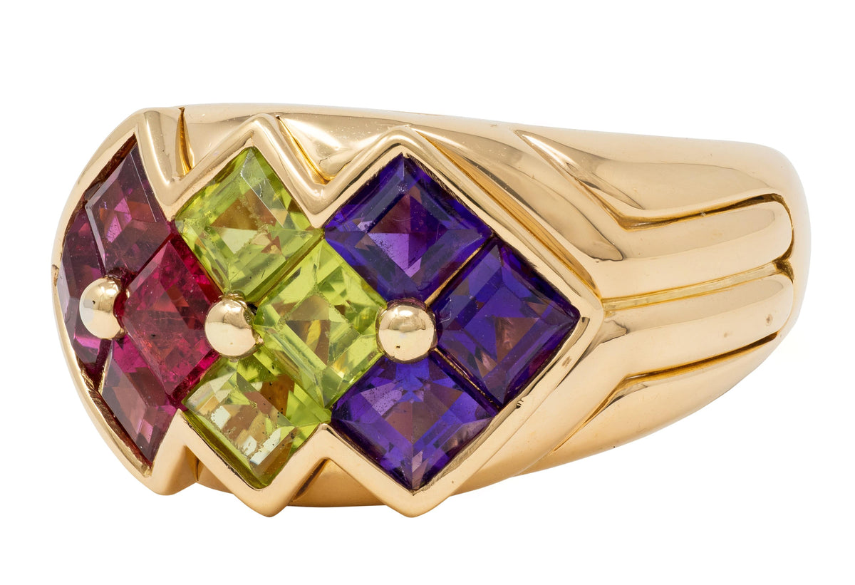 Bulgari 1980 Amethyst Peridot Tourmaline 18K Yellow Gold Vintage Statement Ring