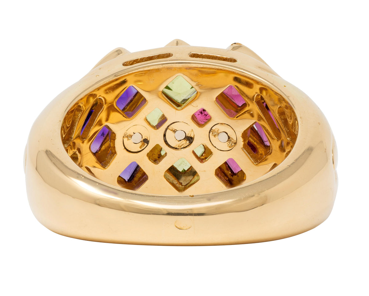 Bulgari 1980 Amethyst Peridot Tourmaline 18K Yellow Gold Vintage Statement Ring