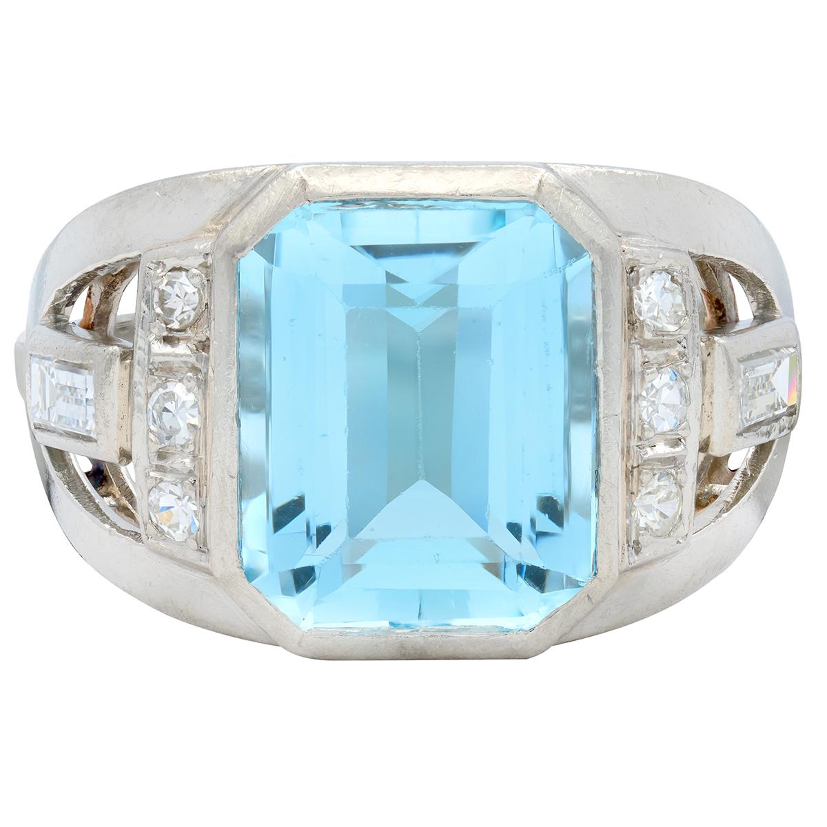 Art Deco 4.95 CTW Aquamarine Diamond Platinum Vintage Buckle Ring