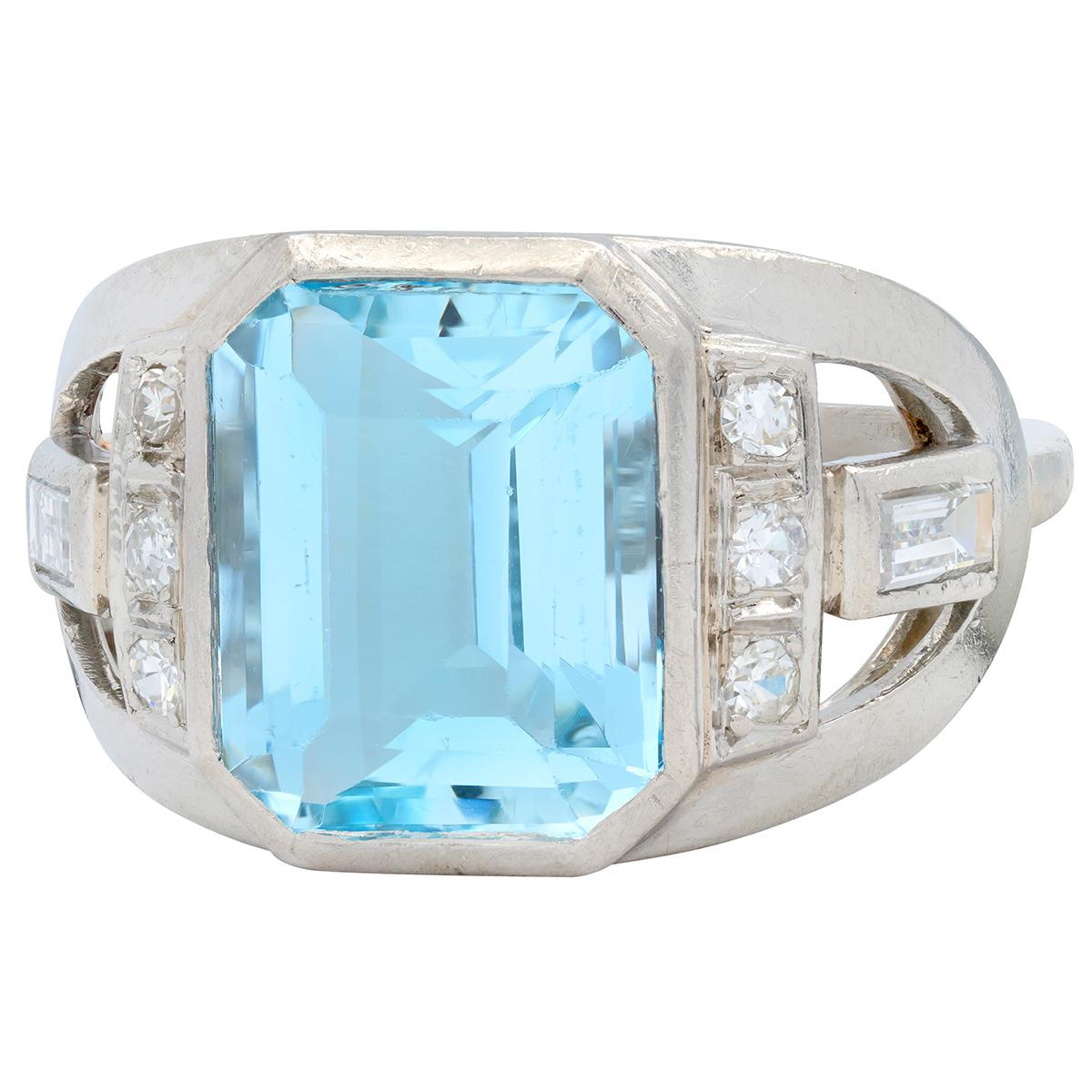 Art Deco 4.95 CTW Aquamarine Diamond Platinum Vintage Buckle Ring