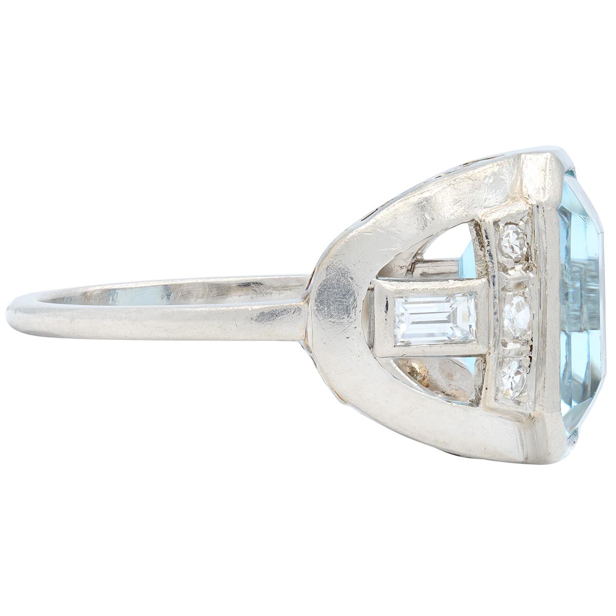 Art Deco 4.95 CTW Aquamarine Diamond Platinum Vintage Buckle Ring